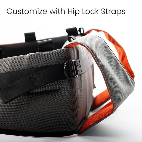 Close upshot of the Step Caddy child carrier Hip Lock straps on the waist belt, that customize the belt to the shape of the wearer's hips.