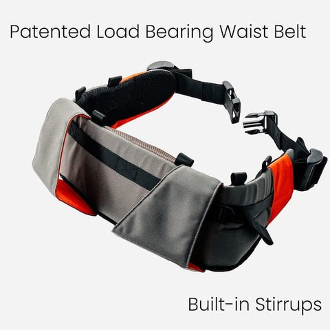 Close up of the Step Caddy child carrier load bearing waist belt with its patented built-in stirrups.