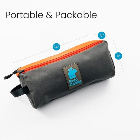 Shot of the carry bag for the Step Caddy child carrier, which is only 14" by 5" by 6"