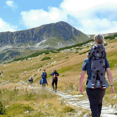 Dad carrying his toddler on a hike using a piggyback child carrier