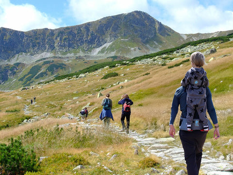 Dad carrying kid with a Step Caddy child carrier, on a hike, walking towards a mountain range.