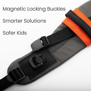 Close up shot of the Step Caddy child carrier clever magnetic locking buckles.