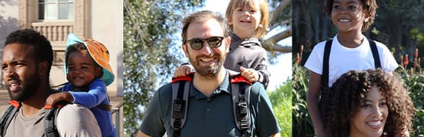 three parents carrying their kids with the step caddy child carrier